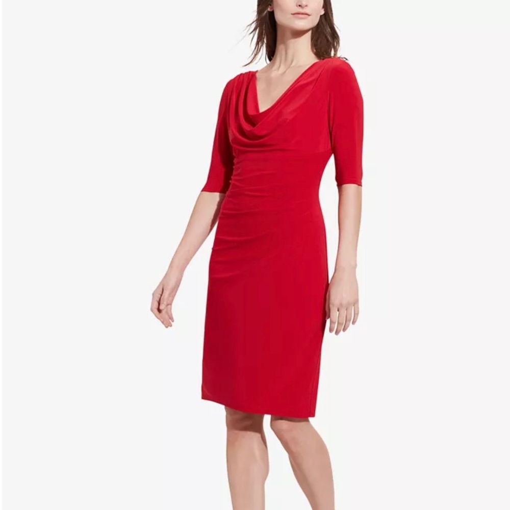 Ralph Lauren Red Draped Cowl-Neck Midi Dress